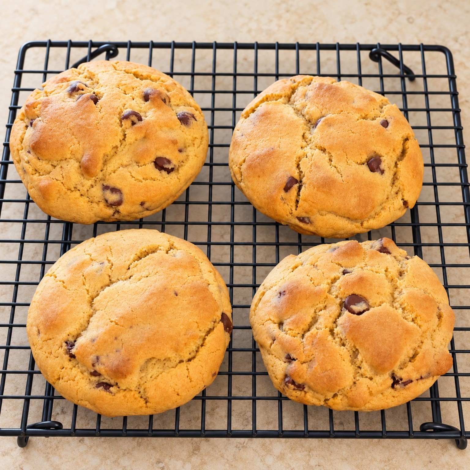 Four thick, golden chocolate chip cookies cooling on a rack